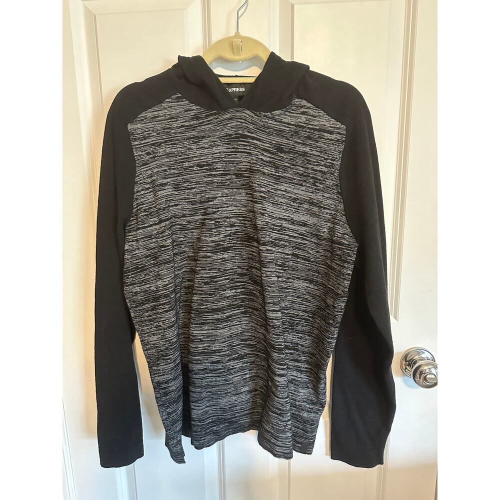 Express Men's L/S Black and Gray Hooded Sweater Large